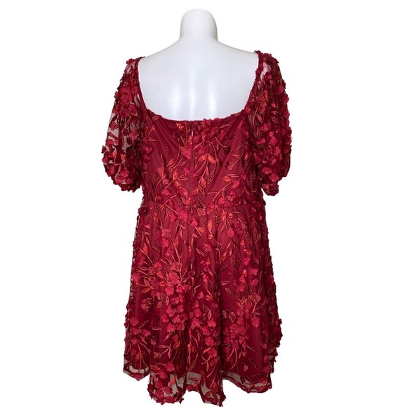 Torrid Size 20 Red Textured Mesh Floral Embroidery Lace Puff Sleeve Skater Dress - Picture 6 of 12